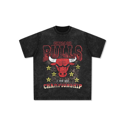 公牛BULLS美式T恤街头嘻哈潮牌复古印花做旧水洗Y2K棉宽松短袖男