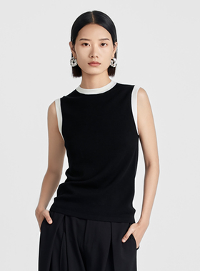 SOORAM澳大利亚进口美丽诺羊毛背心黑白撞色上衣无袖针织衫女春夏