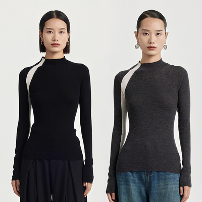 进口独特小众设计感撞色羊毛针织衫女拼色打底衫女秋冬内搭可外穿
