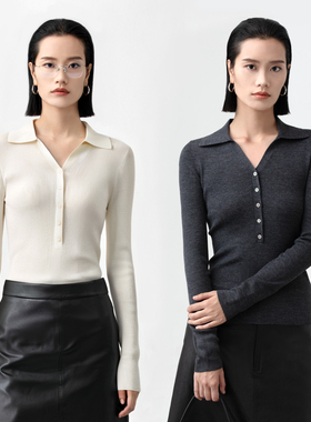 素韧澳大利亚进口美丽诺羊毛针织衫女春秋POLO领扬子纱修身上衣女
