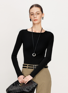 澳大利亚进口美丽诺精纺羊毛针织衫女一字船领扬子纱打底衫女秋冬