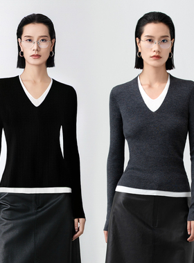 SOORAM进口精纺美丽诺羊毛叠穿MIU风双层水滴V领假两件针织衫女春