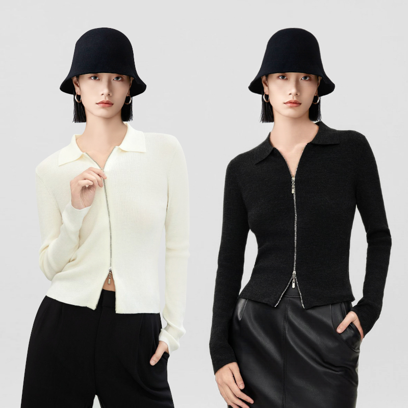 素韧德国Biella羊毛针织衫女春秋款修身显瘦双头拉链开衫女扬子纱