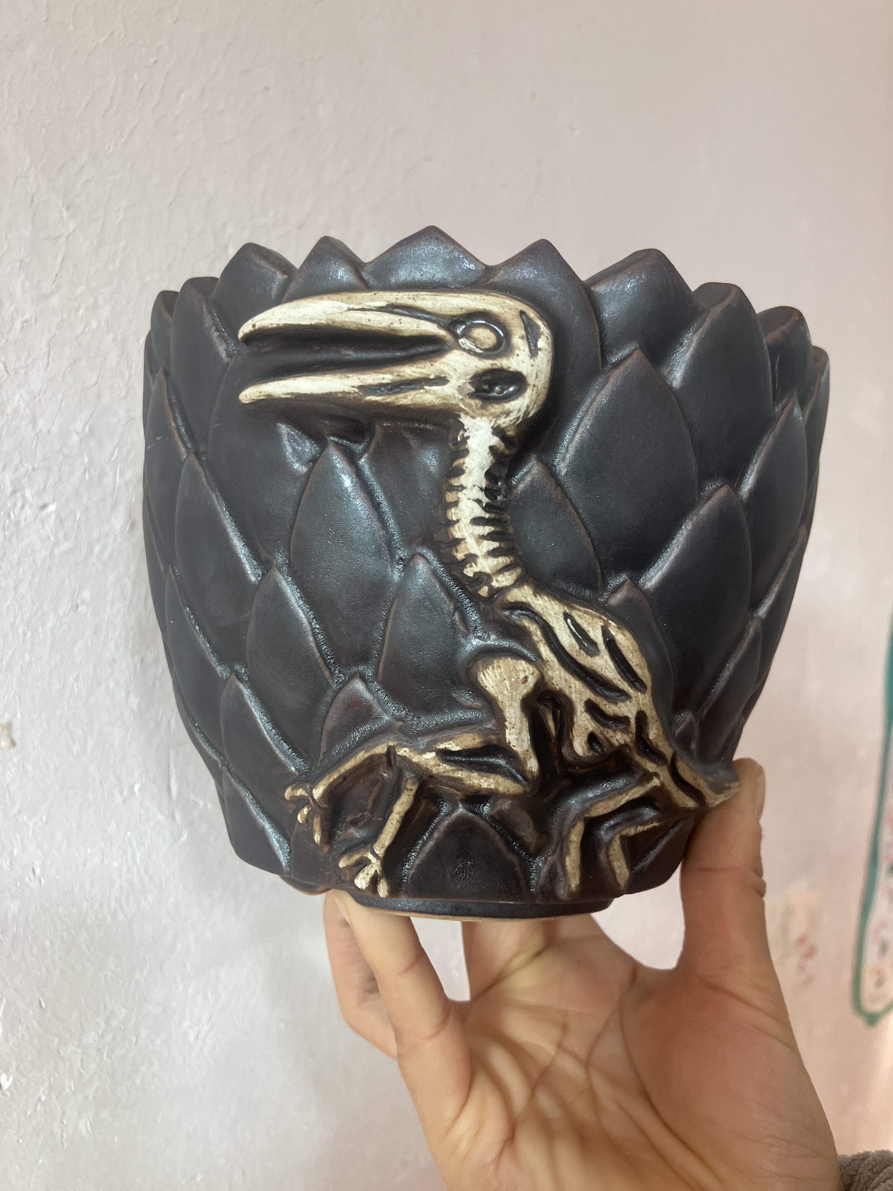 景德镇手工雕刻陶瓷块根植物花盆，内口14外高12.5