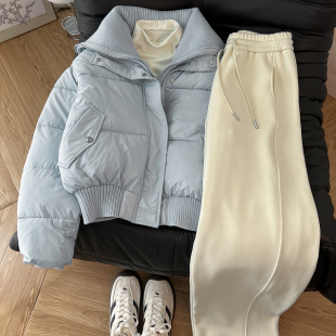 保暖套装 休闲裤 baby蓝立领面包服女叠穿半高领打底衫 冬日巨暖和