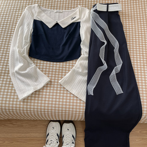 秋日高级感穿搭套装！撞色拼接长袖衬衫上衣女阔腿休闲裤时尚气质