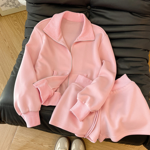 初秋套装 慵懒风立领拉链卫衣短外套女休闲运动短裤 韩版 通勤宝藏