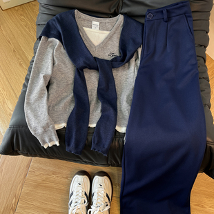 舒适理想型！韩系chic针织衫毛衣披肩女休闲裤秋冬高级感两件套装