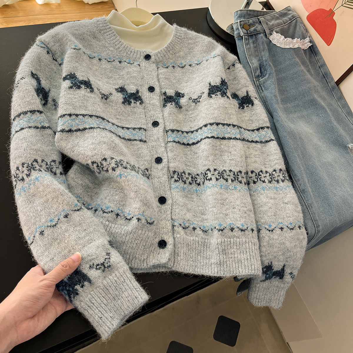 叠搭加分项！复古小狗提花圆领毛衣开衫女内搭t恤秋冬氛围感套装,女装/女士精品,时尚套装,淘宝优惠券,粉丝福利购,淘宝优惠卷