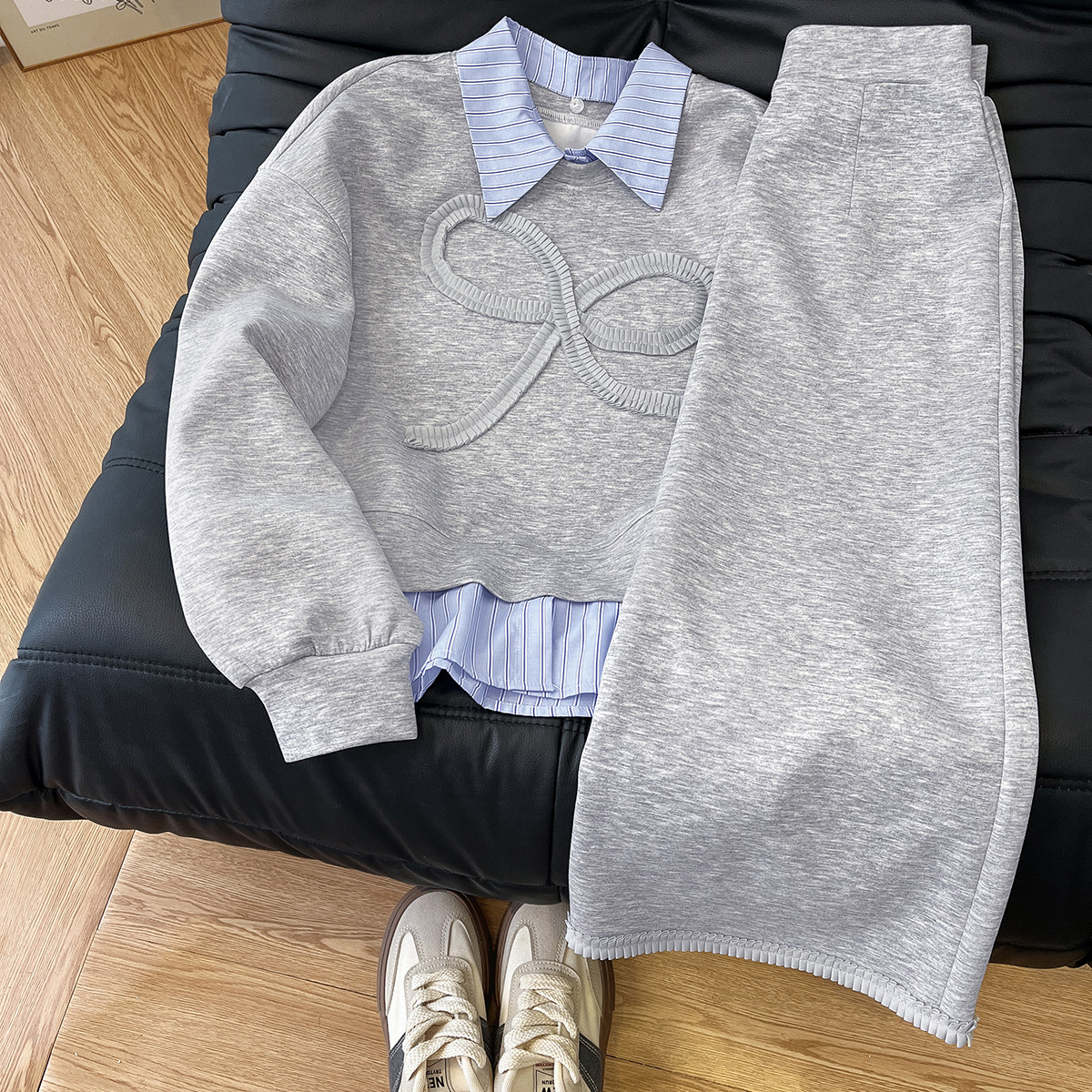 miu系姐姐！假两件Polo领灰色卫衣女时尚休闲运动半身裙初秋套装