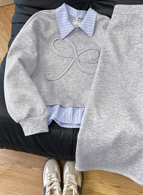 miu系姐姐！假两件Polo领灰色卫衣女时尚休闲运动半身裙初秋套装