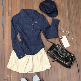 复古高校！格纹斜翻领掐腰显瘦长袖衬衫女半身短裙小个子显高套装