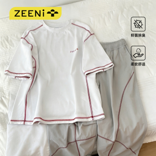 登山羽毛球早春套装 t恤速干衣女长裤 运动户外休闲撞色短袖 ZEENI