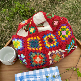 经典文艺复古风纯手工钩织祖母格手提包手工钩花拼接包包带内衬