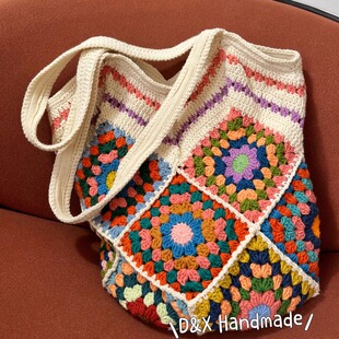 【手工成品】钩织菜篮子祖母格大包手工祖母格菜篮子单肩包带内衬