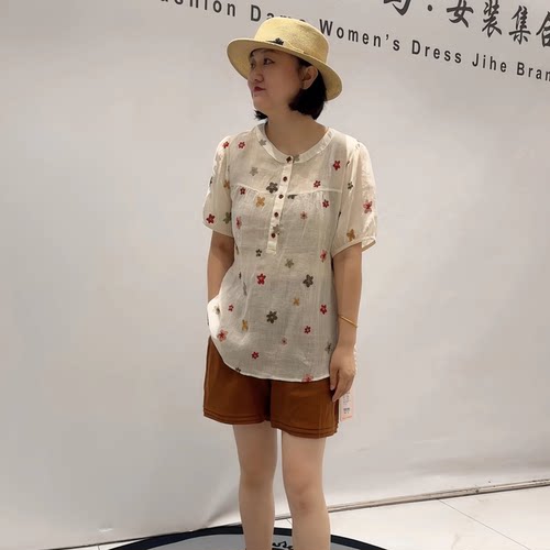 芮娜依莲夏季新款大码麻料短袖衫