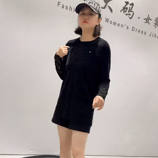 女装 7508子汇秋款 加大码 新品 丝绒拼接蕾丝侧面开叉显瘦百搭打底衫
