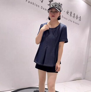 3286女权夏季新款欧货天丝牛仔减龄短袖加大码女装胖妹妹上衣
