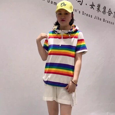 天娇一生水夏季新款大码彩虹条T