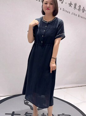 3038女权贵族夏季新款欧货棉麻连衣裙加大码女装胖妹妹显瘦气质裙