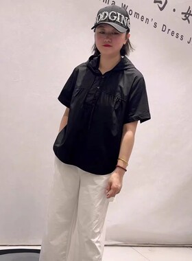 26326天骄一生水初夏新款连帽短袖衬衫加大码女装胖妹妹百搭上衣