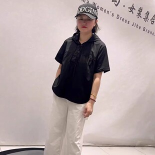 女装 26326天骄一生水初夏新款 加大码 衬衫 胖妹妹百搭上衣 连帽短袖