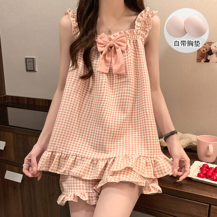 睡衣女夏季吊带套装田园风油画雏菊小清新带胸垫家居服
