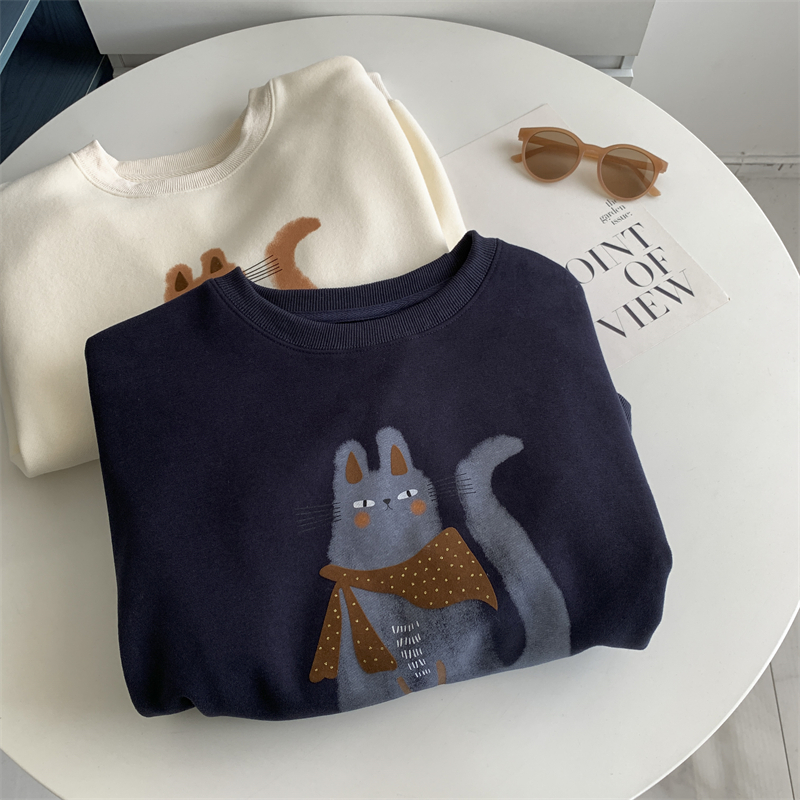 韩版高品质猫咪印花加绒长袖卫衣女加厚保暖宽松显瘦上衣外套女