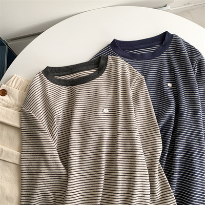 厚实磨毛小金属标长袖打底衫女韩系条纹宽松百搭学生减龄上衣T恤