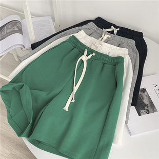 休闲运动高腰阔腿绿色干净五分裤 薄款 女宽松夏季 订制面料抽绳短裤