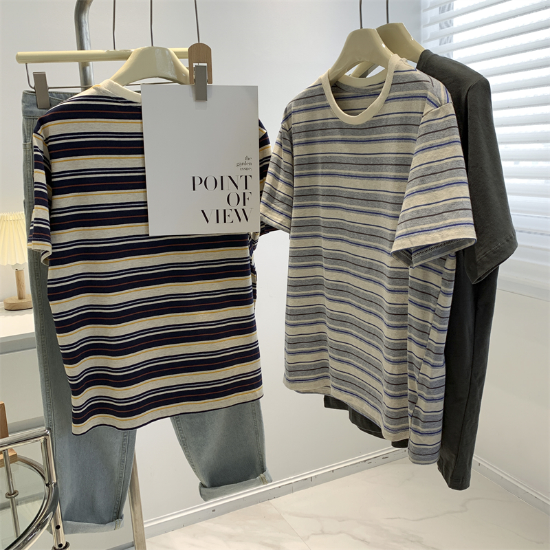 纯棉条纹短袖T恤女耐看的灰色夏季薄款休闲圆领上衣韩版美式条纹T
