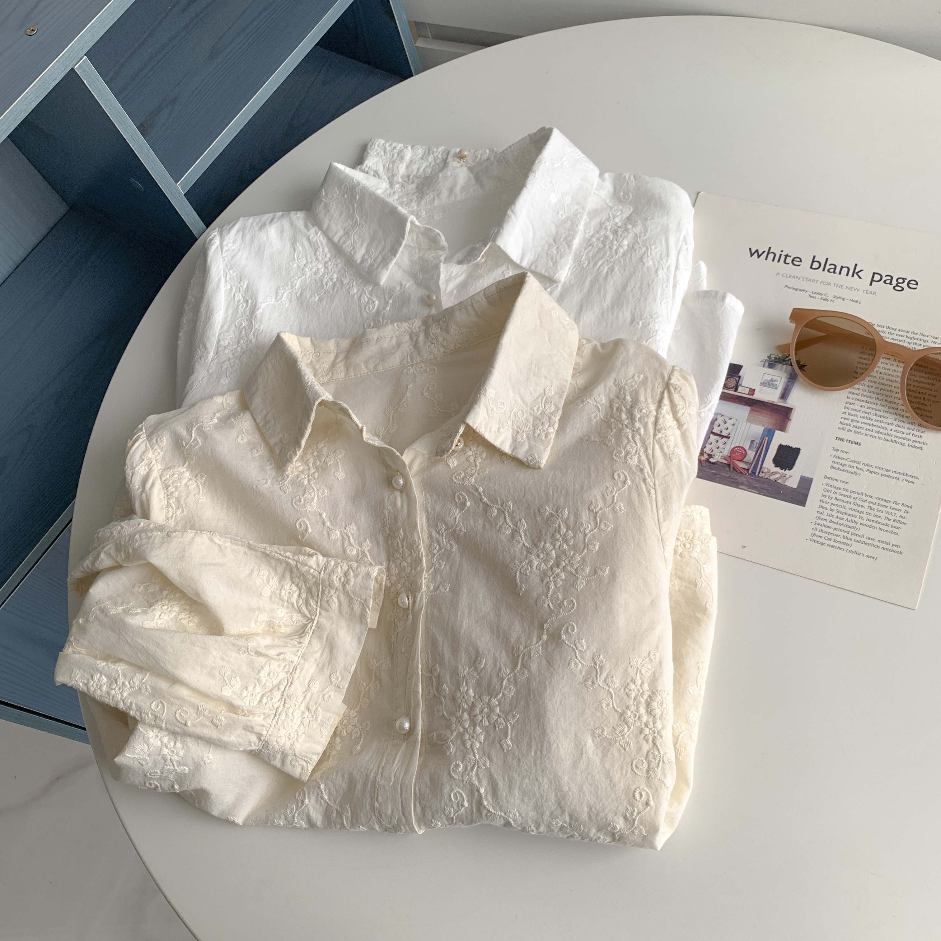 纯棉上衣珍珠纽扣蕾丝花朵衬衫春夏叠穿休闲文艺POLO领气质衬衣女