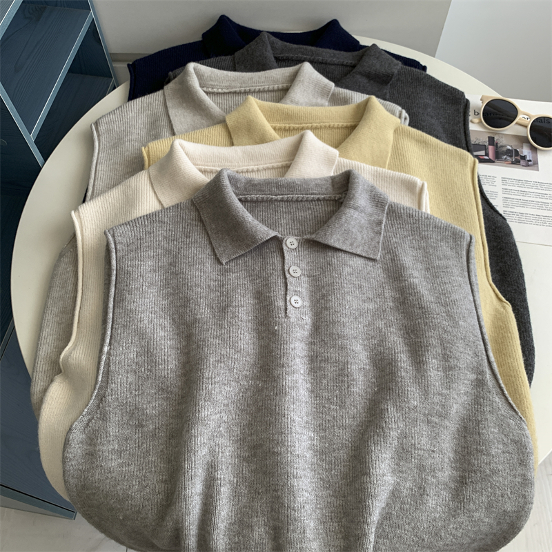 韩系复古无袖POLO领马甲背心简约休闲百搭针织衫女薄款设计上衣潮