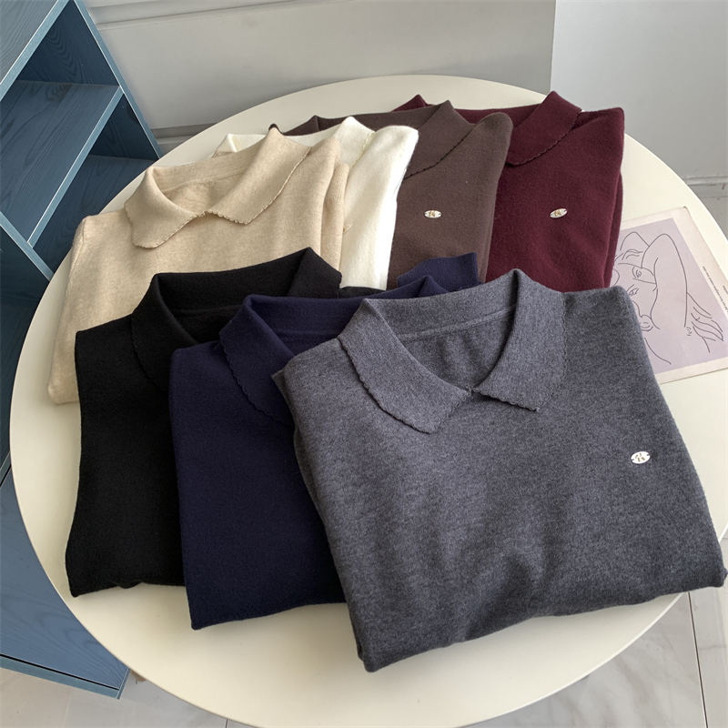 减龄洋气翻领纽扣长袖针织衫简约气质优雅PLOLO领显瘦休闲毛衣女