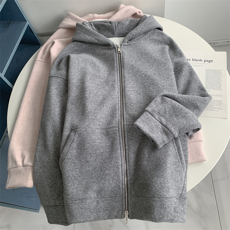 浅灰色重磅加绒拉链连帽卫衣秋冬松弛感懒惰风加厚宽松外套上衣潮