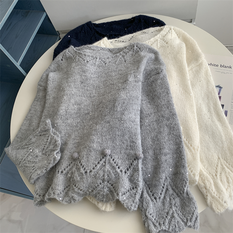 立体挑花亮片套头毛衣懒惰风钩花针织衫遮肚显瘦高级感保暖毛衣韩