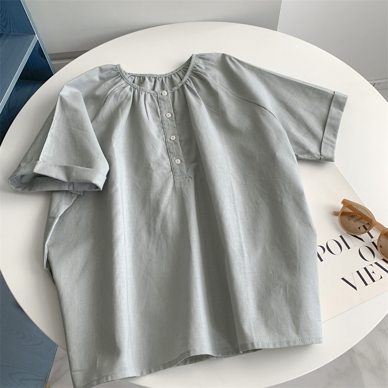日系复古娃娃领麻棉小短袖上衣女夏季宽松温柔显肤色气质百搭衬衫