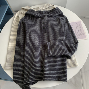 韩系懒惰风半开领纽扣兔毛绒条连帽衫可内搭外穿套头长袖卫衣百搭