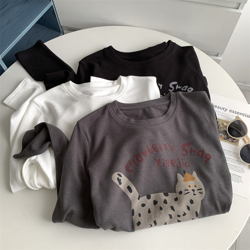 双面绒字母小花猫长袖T恤女加厚德绒秋冬保暖磨毛打底衫上衣女