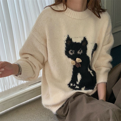 秋冬新款可爱卡通小黑猫图案长袖毛衣学院风韩系减龄保暖外套上衣
