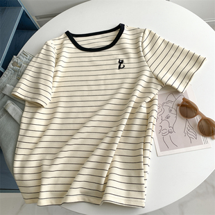 细条纹猫咪刺绣短袖T恤女夏季新款韩系宽松圆领女生短款上衣潮