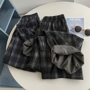 大码懒惰风加厚格子裤新款秋冬保暖宽松阔腿裤休闲百搭直筒长裤子