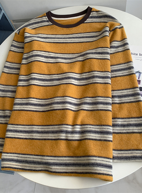 秋冬减龄复古黄色条纹兔绒衫加绒加厚打底衫款式百搭磨毛保暖上衣