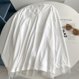 高级感蕾丝拼接白色V领眼捷毛打底新款休闲宽松懒惰100%棉T恤上衣