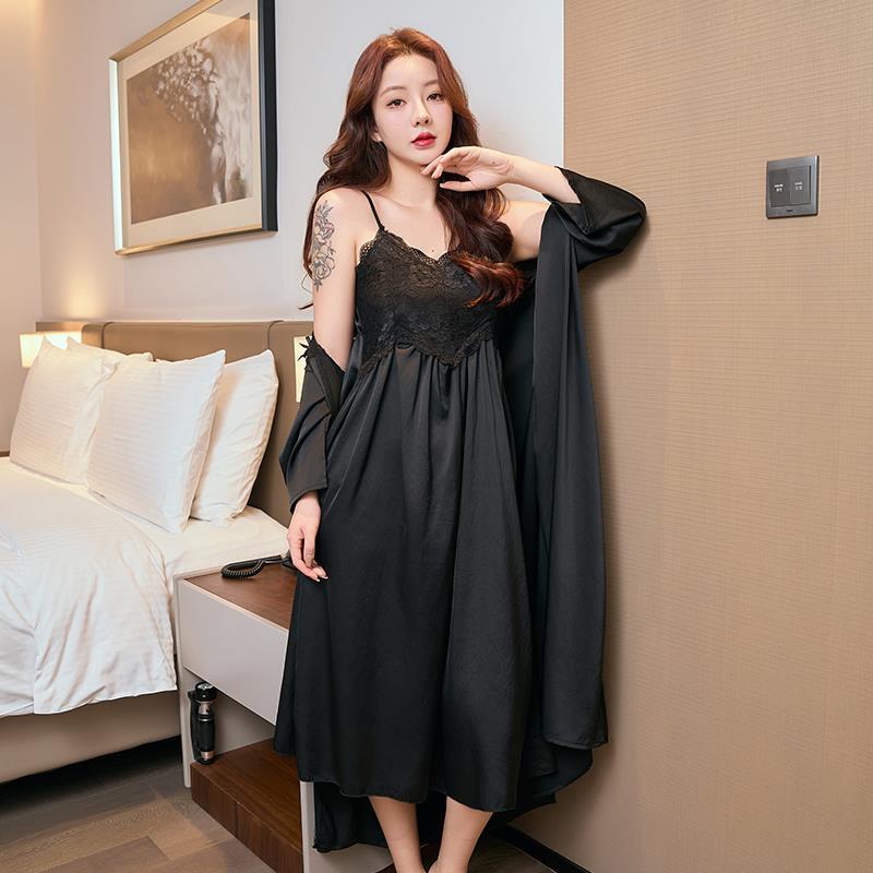 维多利亚法式性感睡衣女冰丝2024新款蕾丝中长款吊带睡裙睡袍套装