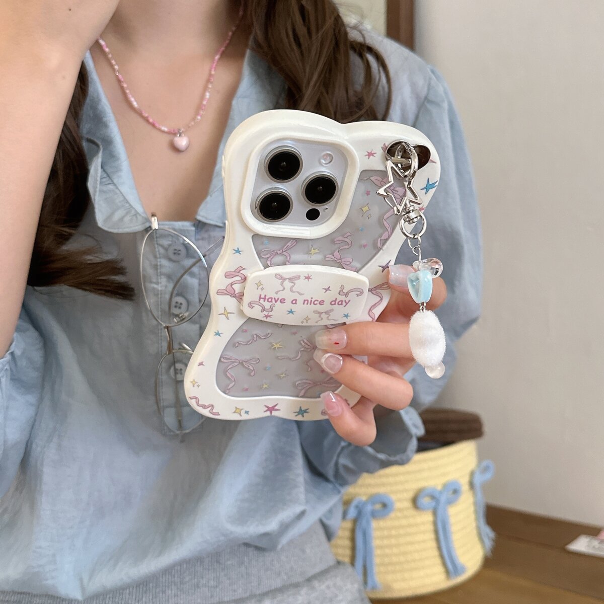 ins韩系少女围边星星丝带蝴蝶结支架适用16pro苹果16ProMax手机壳新款iPhone16/13高级14全包15Promax保护套