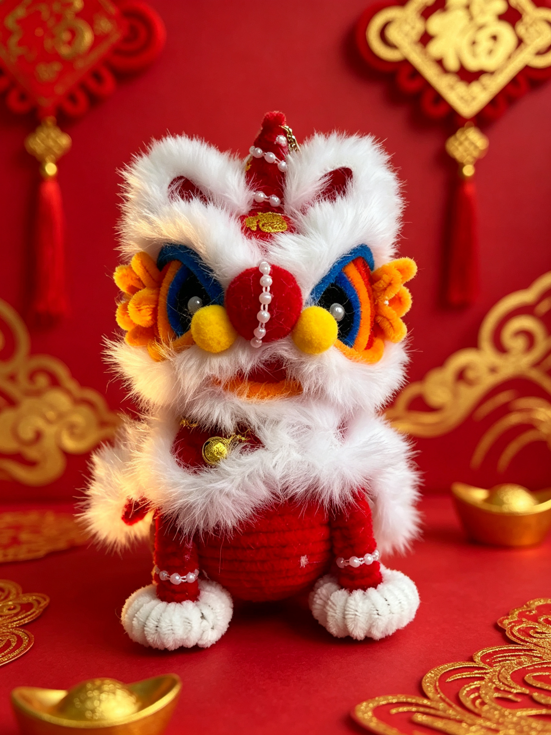 【成品】醒狮摆件挂件扭扭棒国潮新款手工醒狮头披风醒狮灯笼图片