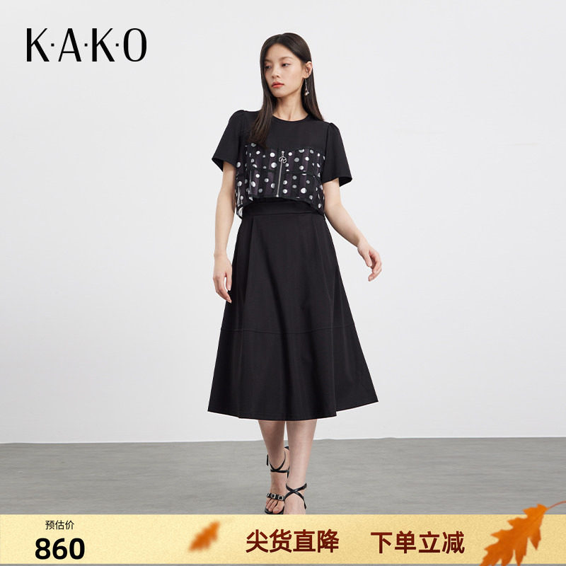 KAKO夏季新品圆领短袖拼接波点休闲连衣裙女修身显瘦裙子5340681