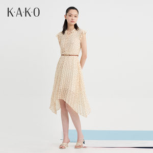 KAKO夏季新品女波点印花压褶连衣裙气质优雅风收腰短袖裙子