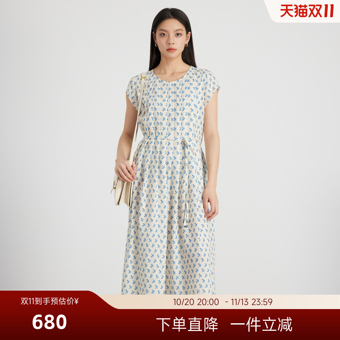KAKO夏季新品莱赛尔设计感印花前褶连衣裙女中长款裙子5530181
